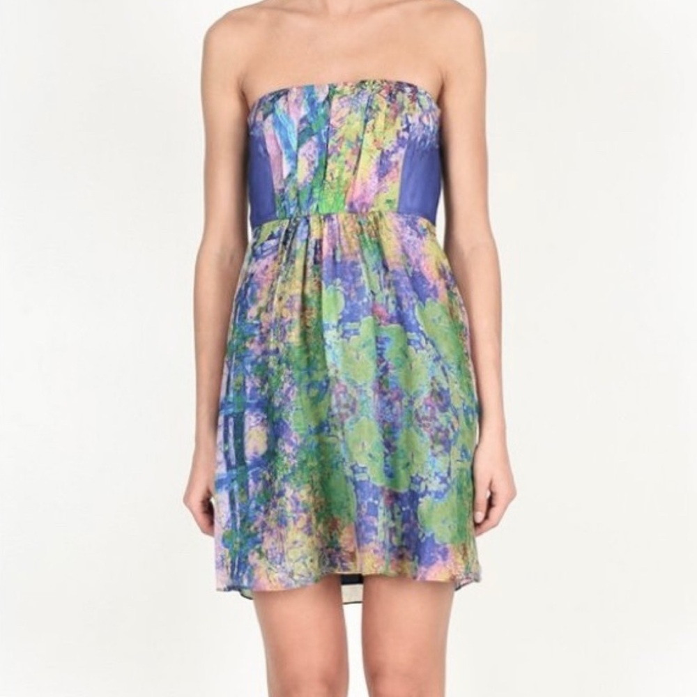 Tibi Strapless Floral Watercolor Dress in Blue, Green, Purple